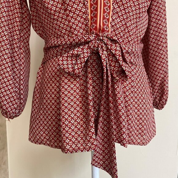 Max Studio Womens S Red Geometric Print 3/4 Balloon Sleeve Tie Front Peplum Hem - Picture 6 of 16